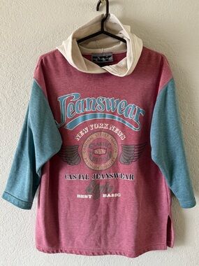 80s 90s New York News JeansWear 3/4 Sleeve Pullover Hoodie Sweatshirt Oversize S